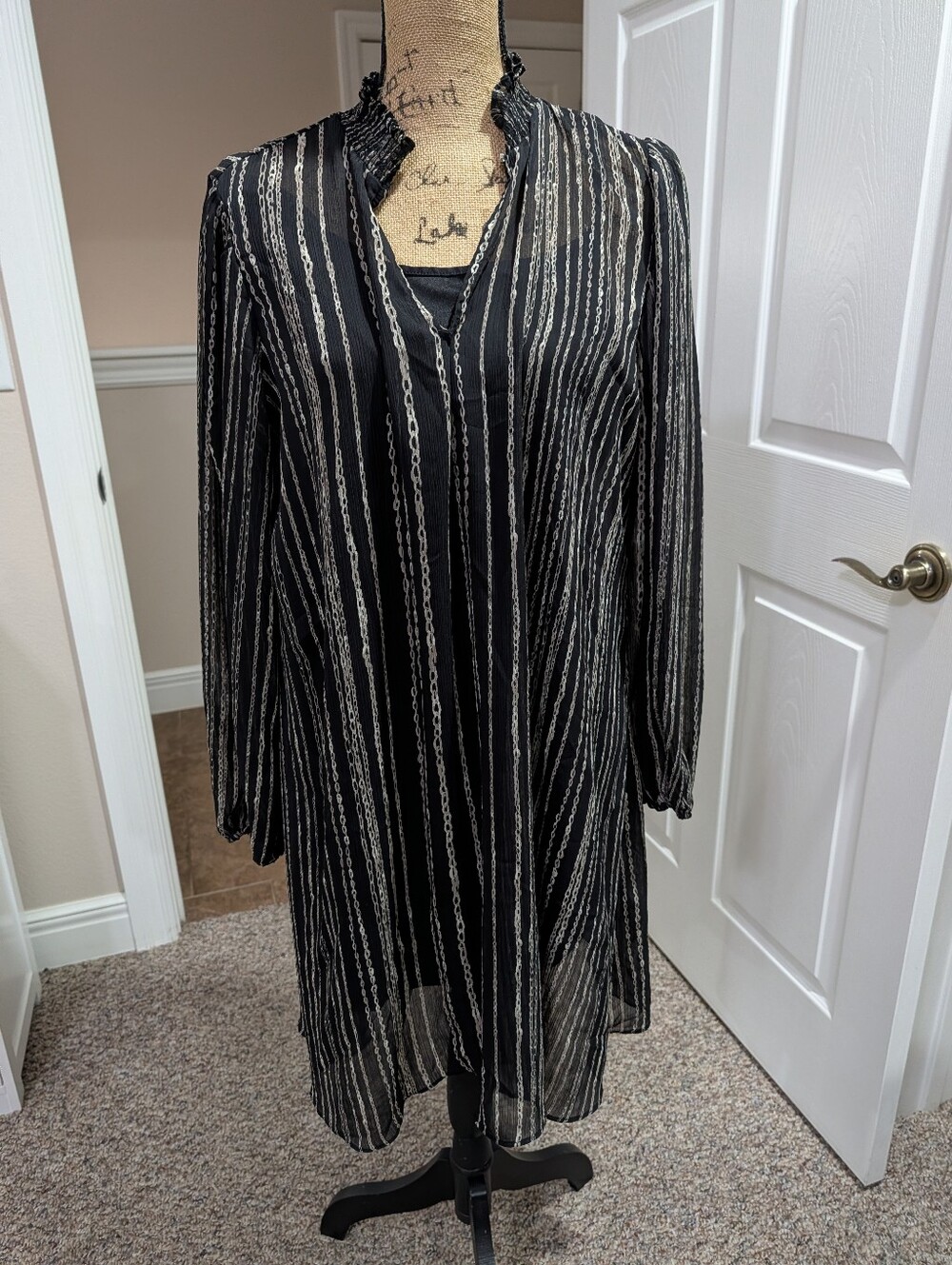 Black Sheer Striped V-Neck Dress